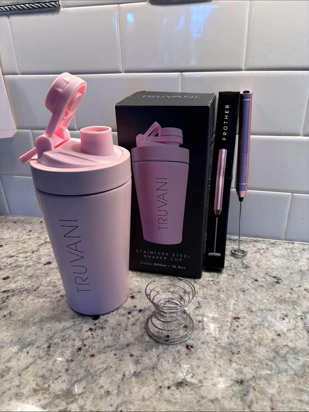 Truvani NIB stainless steel shaker cup, and frother